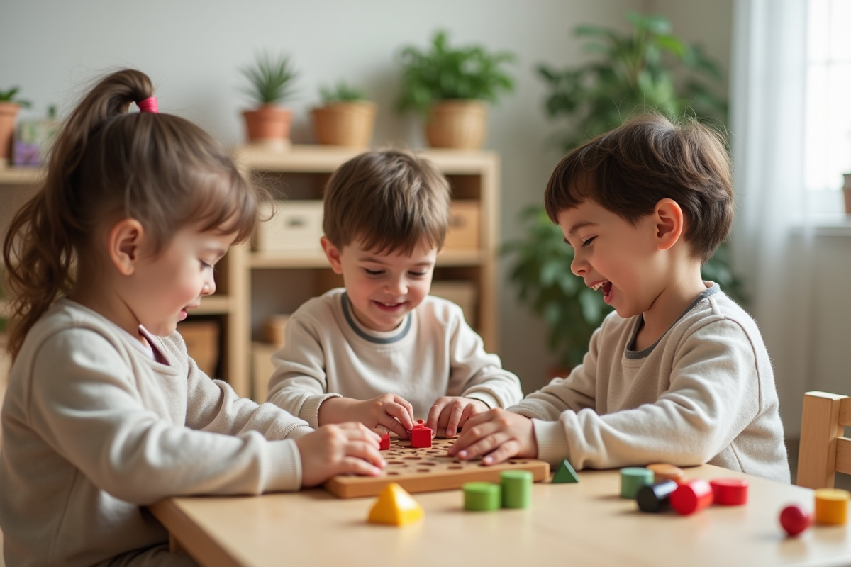 Trois enfants jouant avec formes Montessori dans une salle lumineuse