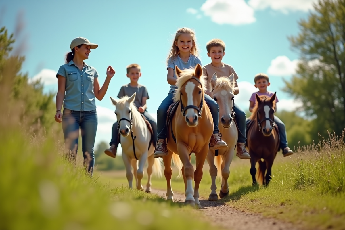 Groupe d enfants à cheval en pleine nature ensoleillée