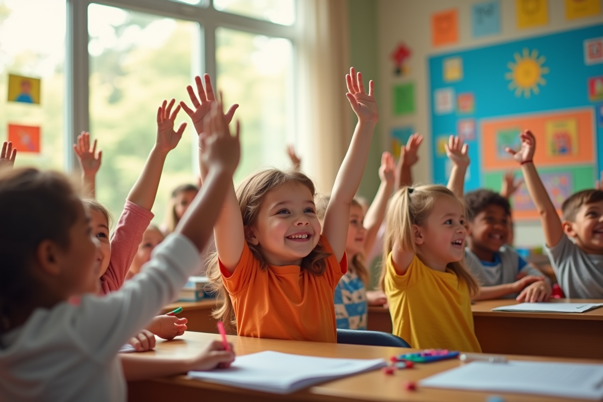 Groupe d enfants souriants en classe lumineuse