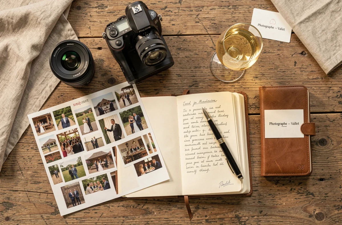 Espace de travail d'un photographe professionnel basé à Vallet avec matériel photo et notes