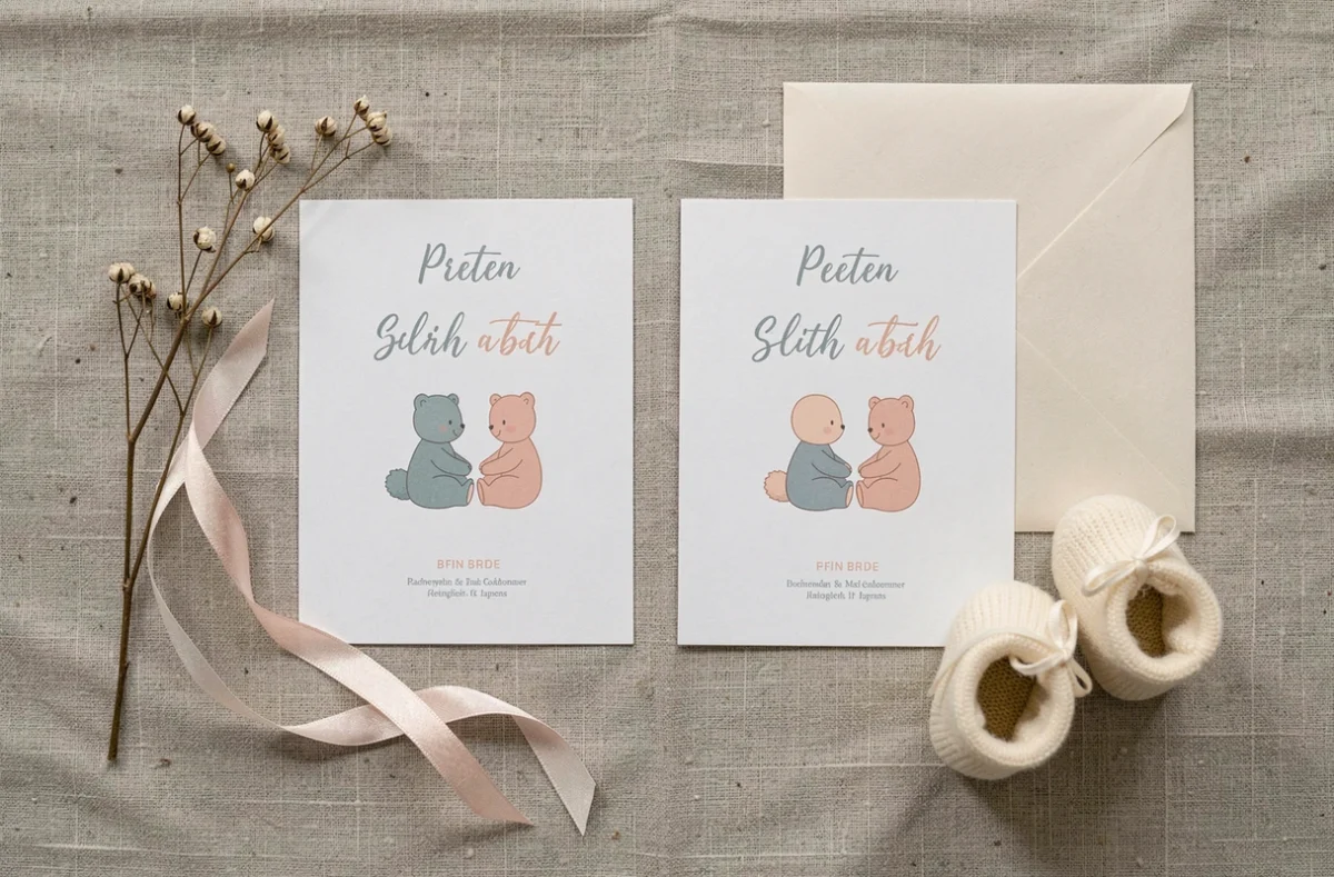 Faire-part de naissance pour jumeaux posés à plat sur un tissu en lin avec des chaussons en laine, des fleurs séchées et une enveloppe dans une composition soignée et minimaliste