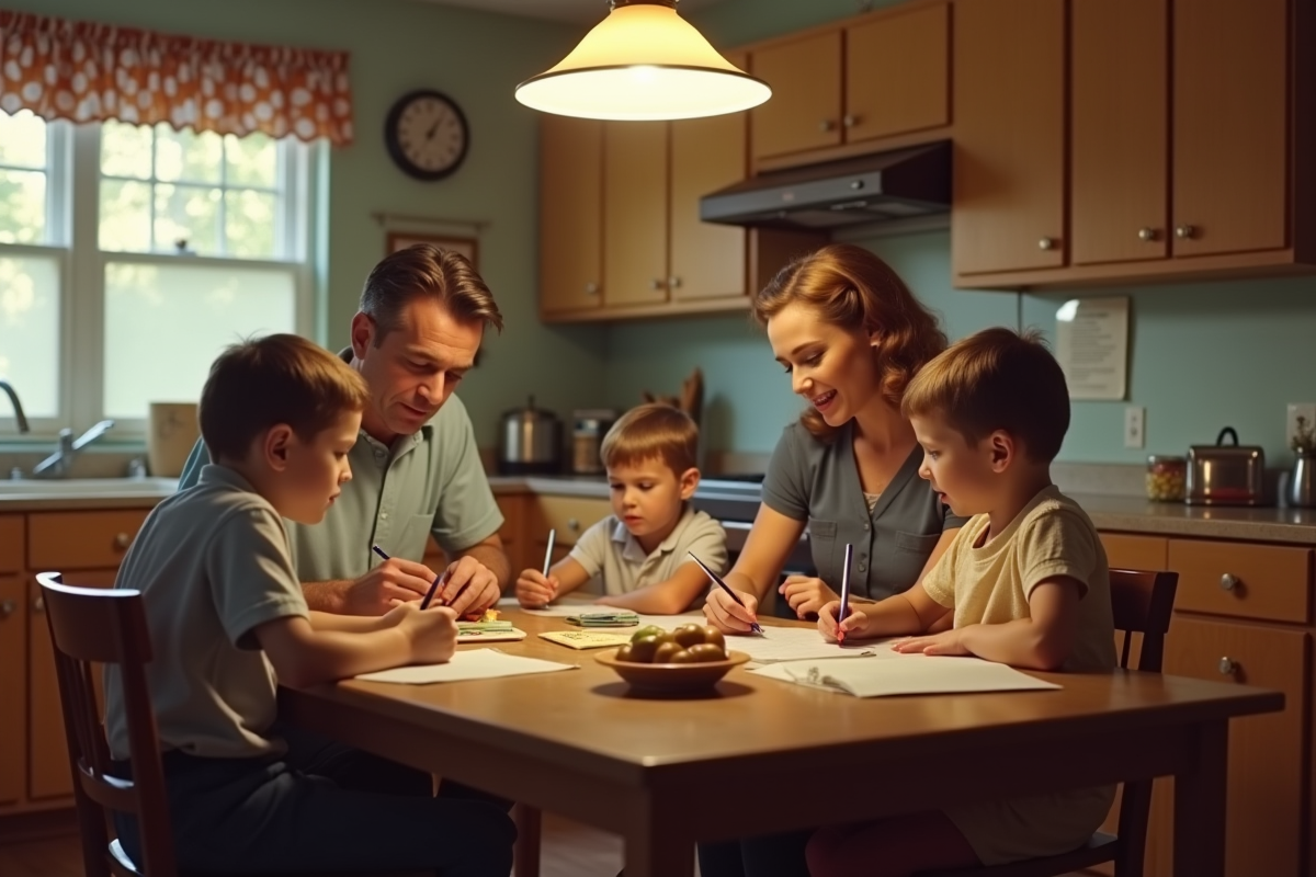 Famille des années 1950 faisant les devoirs ensemble