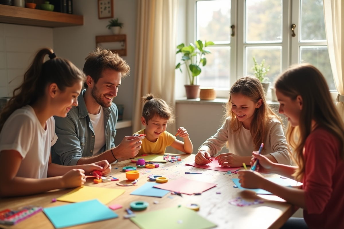 Famille heureuse autour d'une table en cuisine pour un projet créatif