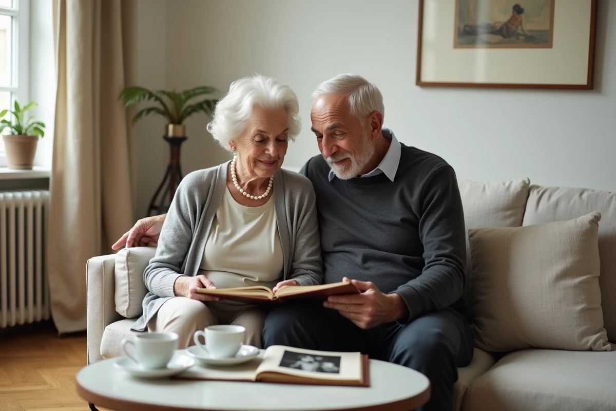 Une femme âgée et un homme d'âge mûr feuilletant ensemble un album de photos de famille vintage sur un canapé dans un appartement parisien, illustrant les liens familiaux et la transmission des origines