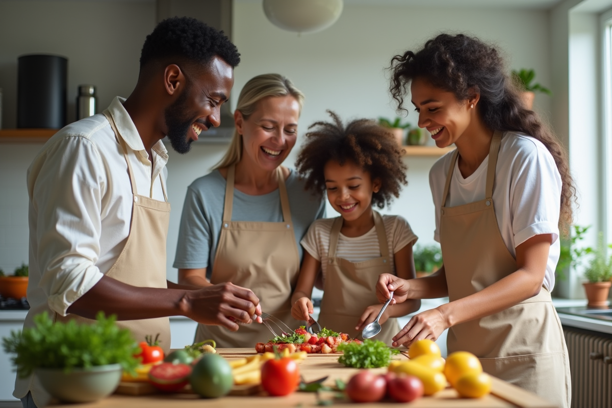 Famille diverse préparant un repas dans une cuisine lumineuse