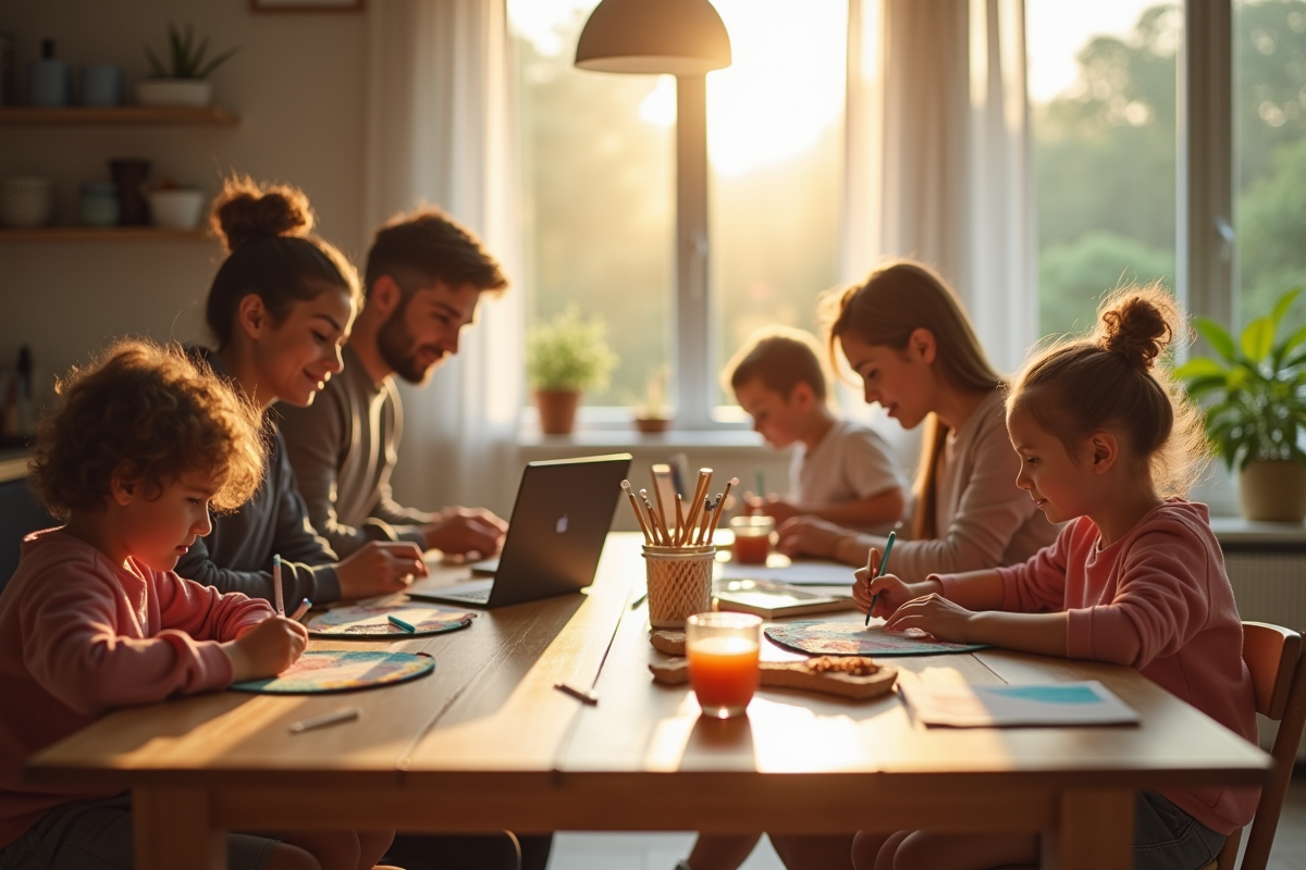 Famille autour d'une table moderne le matin avec enfants et parents