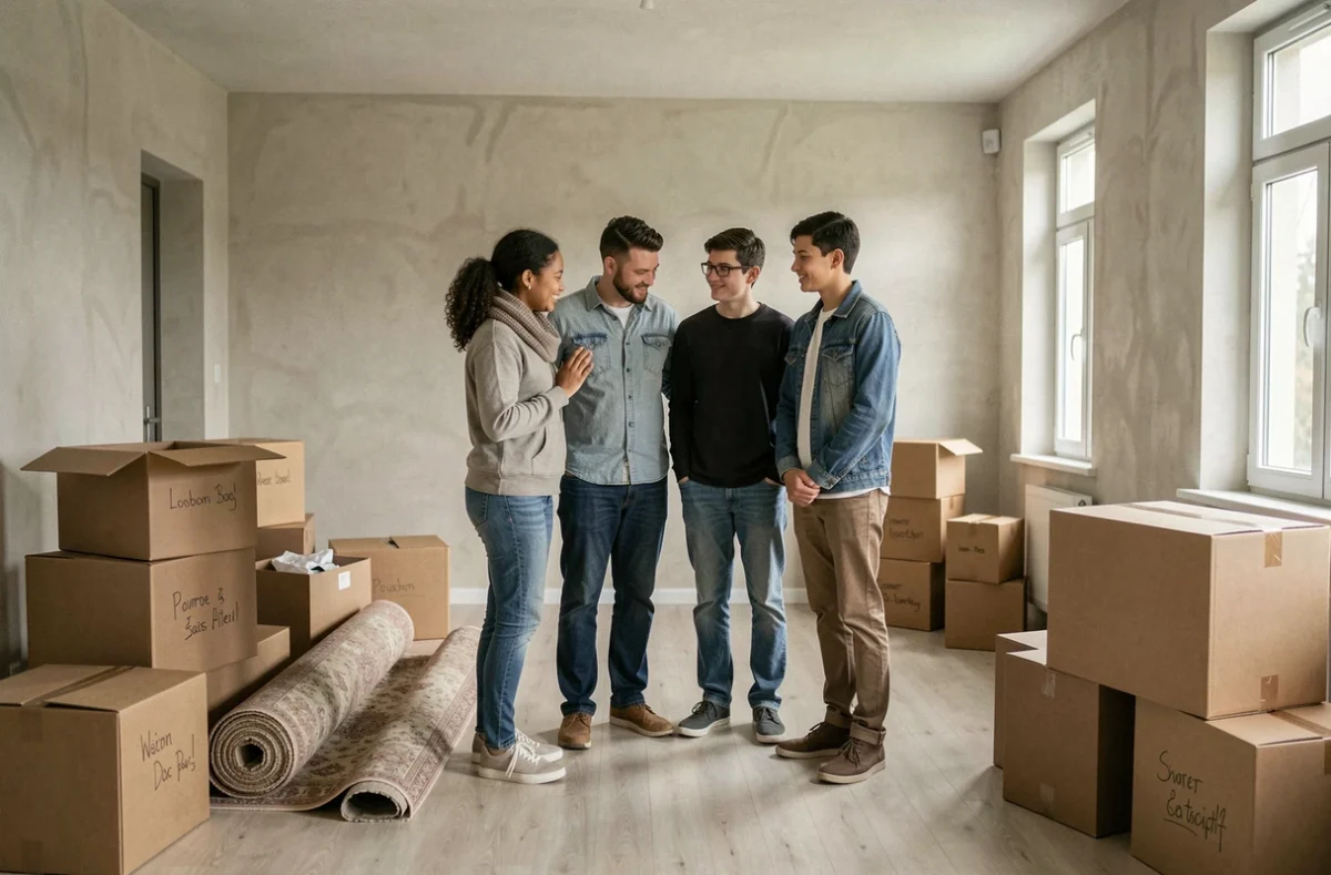Famille entourée de cartons de déménagement dans un appartement vide avant de changer de domicile