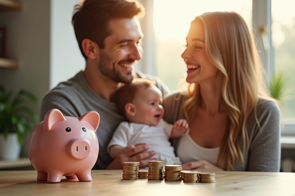 Jeune couple souriant avec bébé et tirelire dans la maison