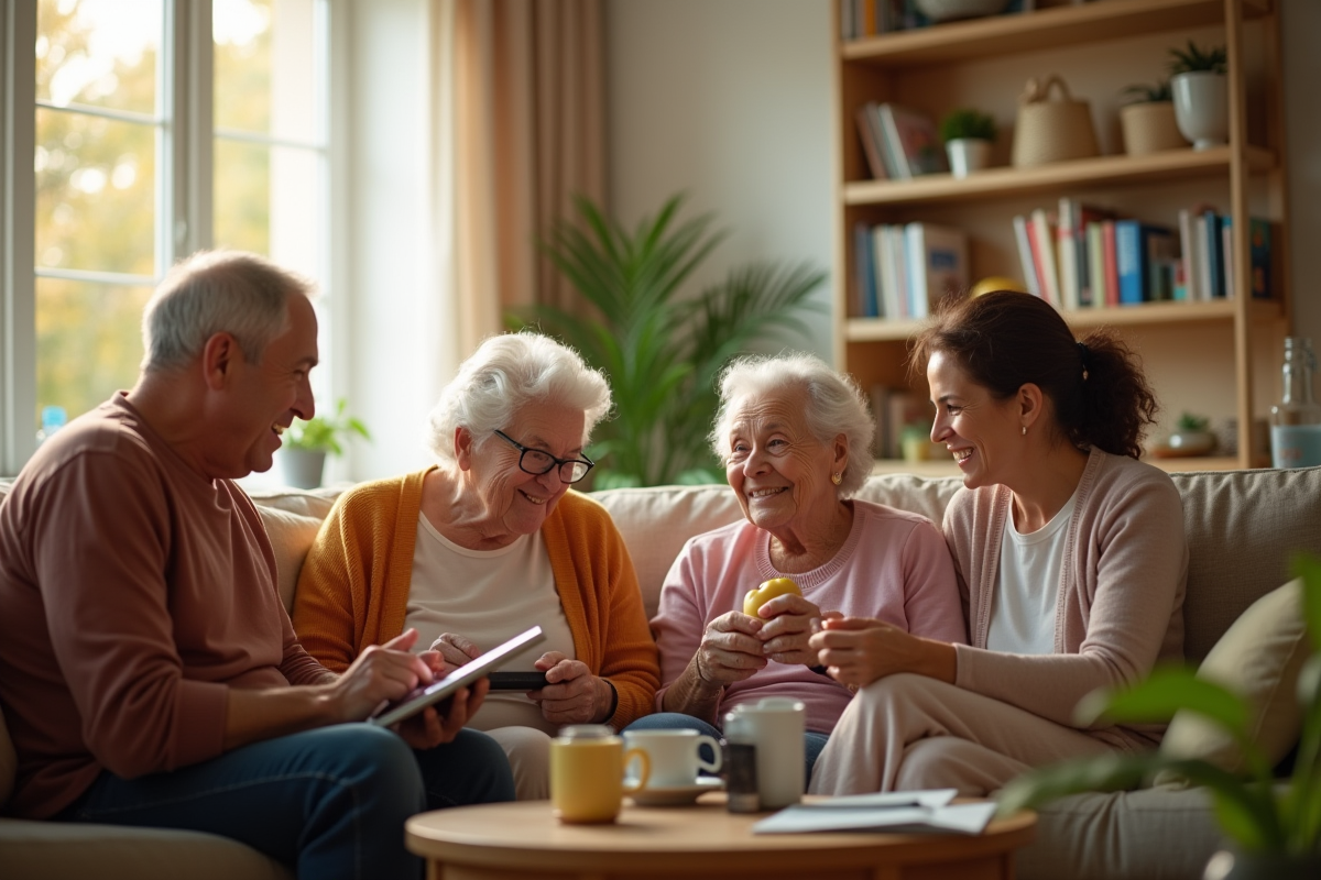 Famille multigenerations dans un salon ensoleille