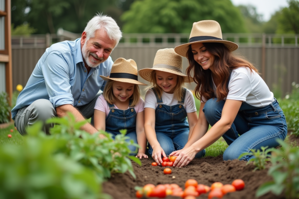 Famille multigenerational dans un jardin potager ensoleille