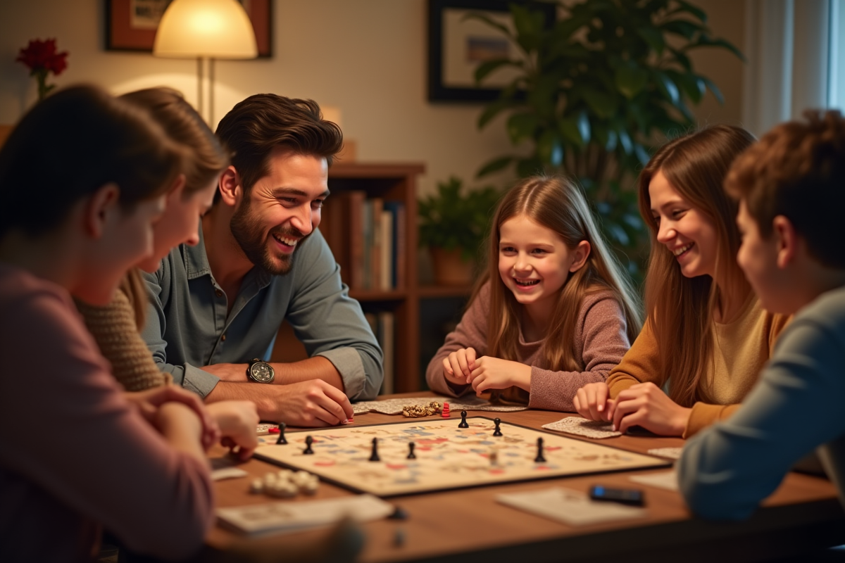 Famille jouant à un jeu de société dans un salon chaleureux