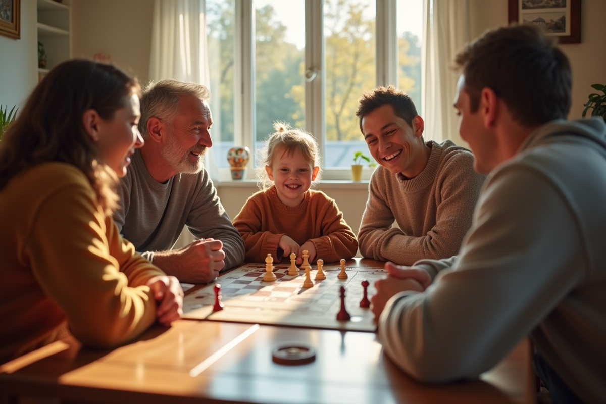 Famille multigenerations jouant à un jeu de société intérieur