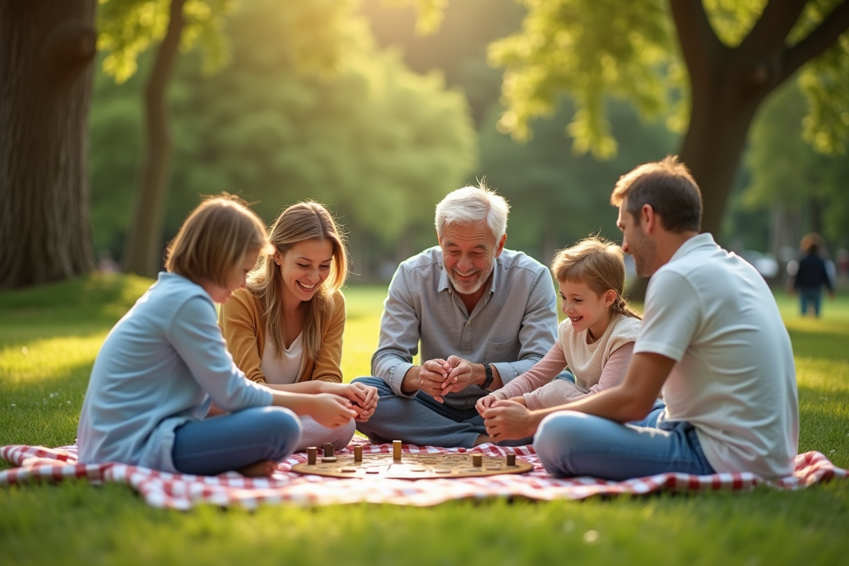 Famille multigeneration jouant à des jeux dans un parc ensoleille
