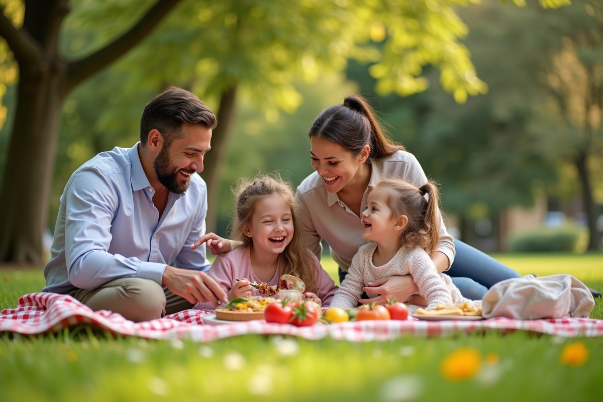 Famille heureuse pique-niquant dans un parc ensoleille