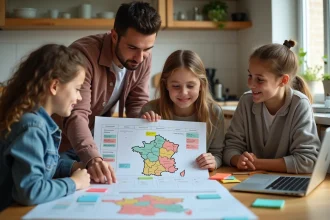Famille réunie autour d'une table de cuisine planifiant leurs vacances scolaires avec une carte des zones en France