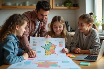 Famille réunie autour d'une table de cuisine planifiant leurs vacances scolaires avec une carte des zones en France