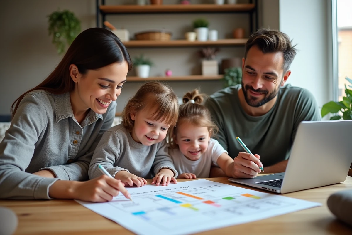 Famille planifiant la semaine autour d une grande table