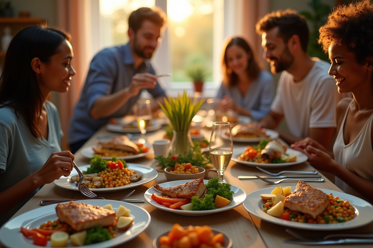 Famille dégustant un dîner sain avec poissons et légumes