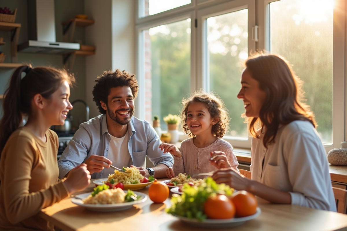 Famille diverse partageant un repas sain dans une cuisine lumineuse