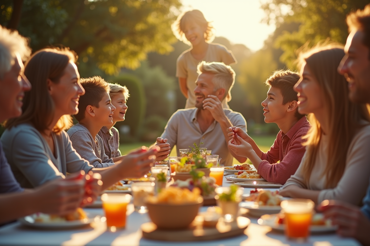Famille réunie dans un jardin ensoleille avec enfants et adultes