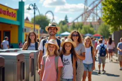 Familles souriantes &agrave; l'entr&eacute;e de Walibi Rh&ocirc;neAlpes