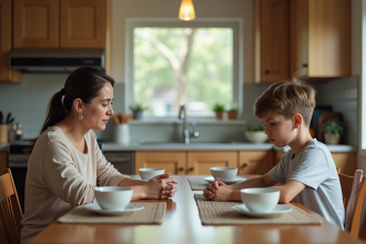 Femme et adolescent lors d'un dîner familial à la maison