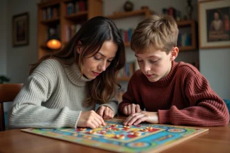 Femme et adolescent jouent à Trivial Pursuit dans un salon chaleureux