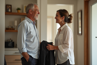 Femme aidant un homme à entrer dans une maison chaleureuse