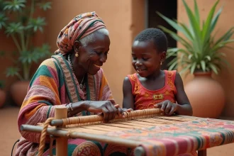 Femme âgée et jeune fille tissant un tissu coloré en plein air