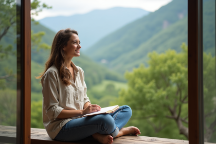 Femme souriante sur un balcon avec vue sur la nature