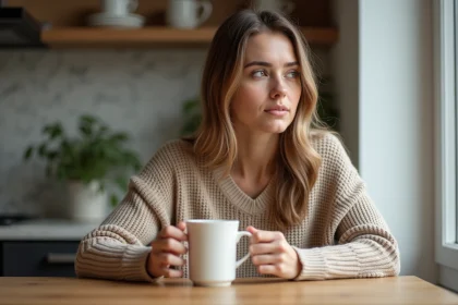 Femme assise au cafe regardant par la fenetre