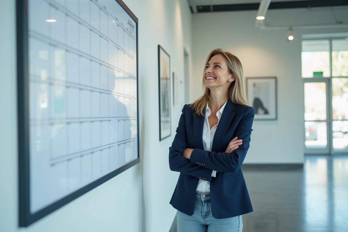 Femme devant un calendrier mural en train de calculer mentalement une semaine paire ou impaire