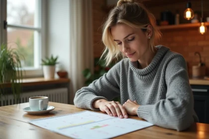 Femme consultant un calendrier imprimé des vacances scolaires 2026 du Baden-Württemberg à table