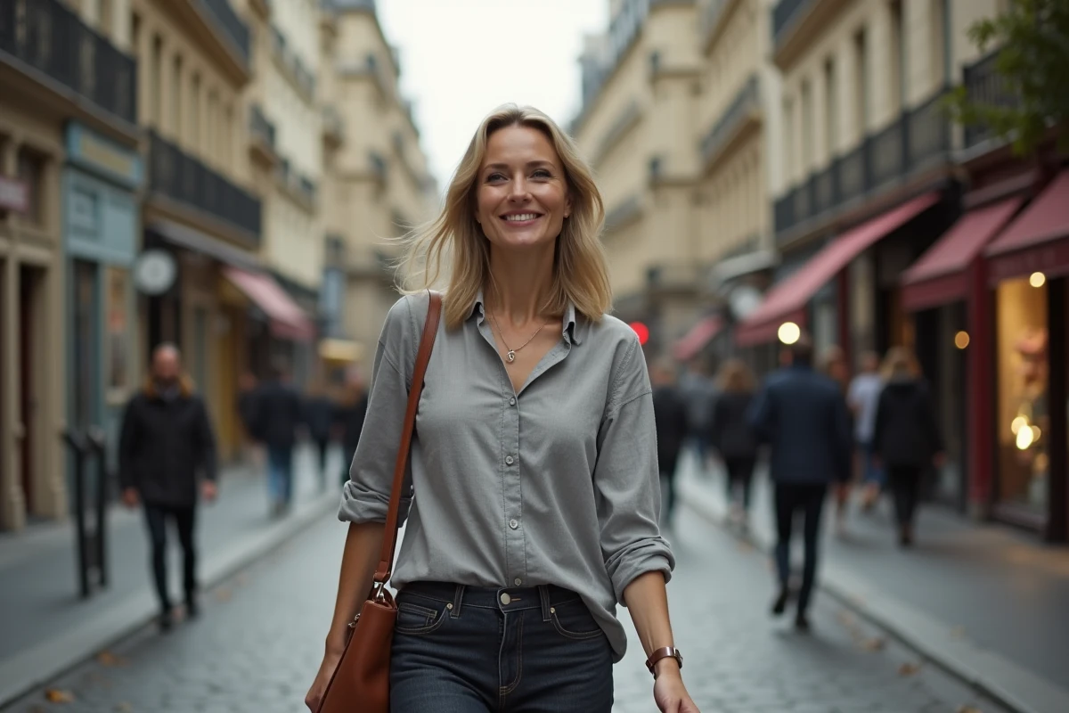 Femme publique dans une rue parisienne en automne, style décontracté et atmosphère urbaine naturelle