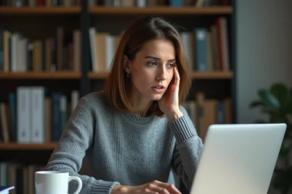 Femme analysant un site web suspect sur son ordinateur portable pour identifier un faux site e-commerce