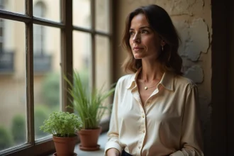 Femme élégante et discrète regardant par une fenêtre parisienne, évoquant la vie privée et la réserve publique