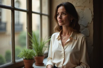 Femme élégante et discrète regardant par une fenêtre parisienne, évoquant la vie privée et la réserve publique