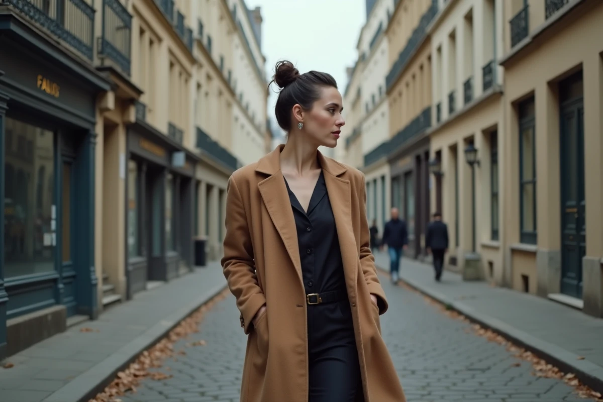 Femme marchant seule dans une rue parisienne haussmannienne en automne, ambiance discrète et mystérieuse