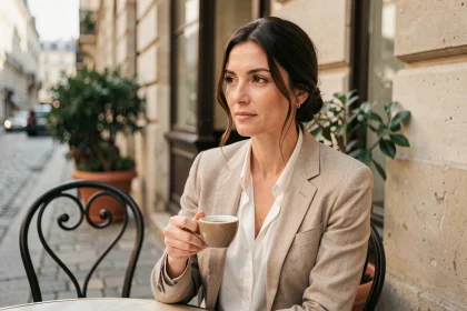 Femme élégante et discrète attablée en terrasse de café parisien, illustrant la vie privée de la compagne de Cyril Féraud
