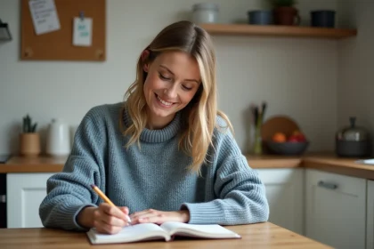 Femme d'&acirc;ge moyen &eacute;crivant dans un journal dans une cuisine calme