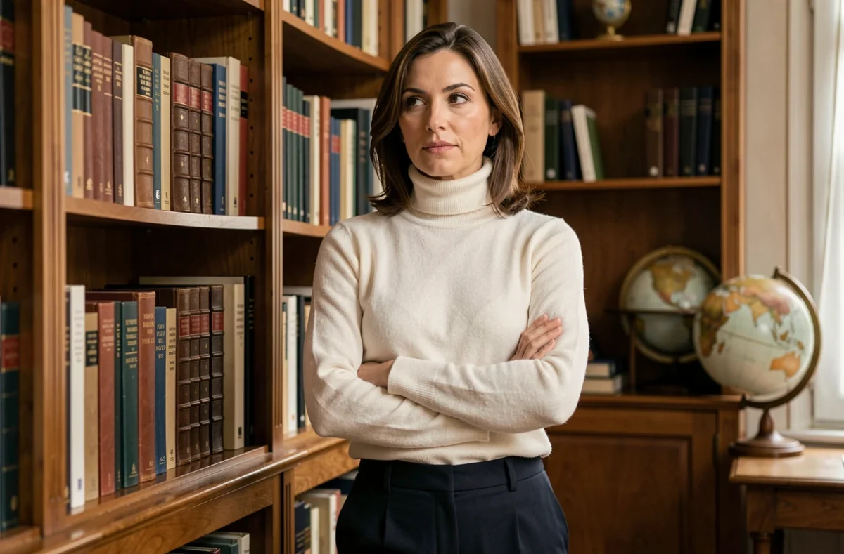 Femme posée et élégante dans un intérieur parisien raffiné près d'une bibliothèque, symbole de discrétion et de vie privée préservée