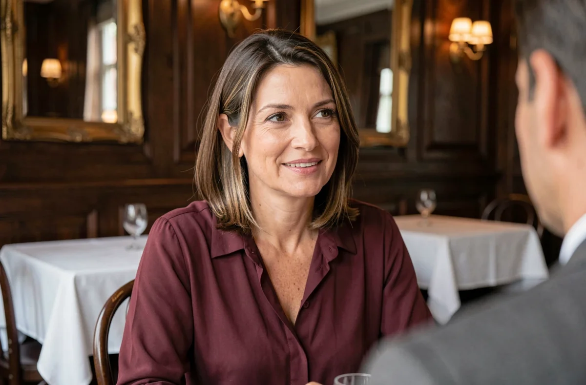 Femme élégante dans un restaurant parisien lors d'un moment intime, évoquant la discrétion du couple d'Amandine Atalaya