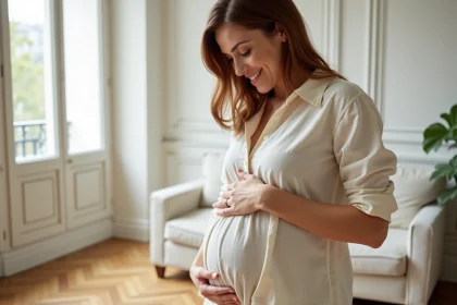 Femme enceinte souriante en blouse crème tenant son ventre arrondi dans un appartement parisien lumineux