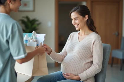 Femme enceinte souriante recevant un sac cadeau dans une maternit&eacute;