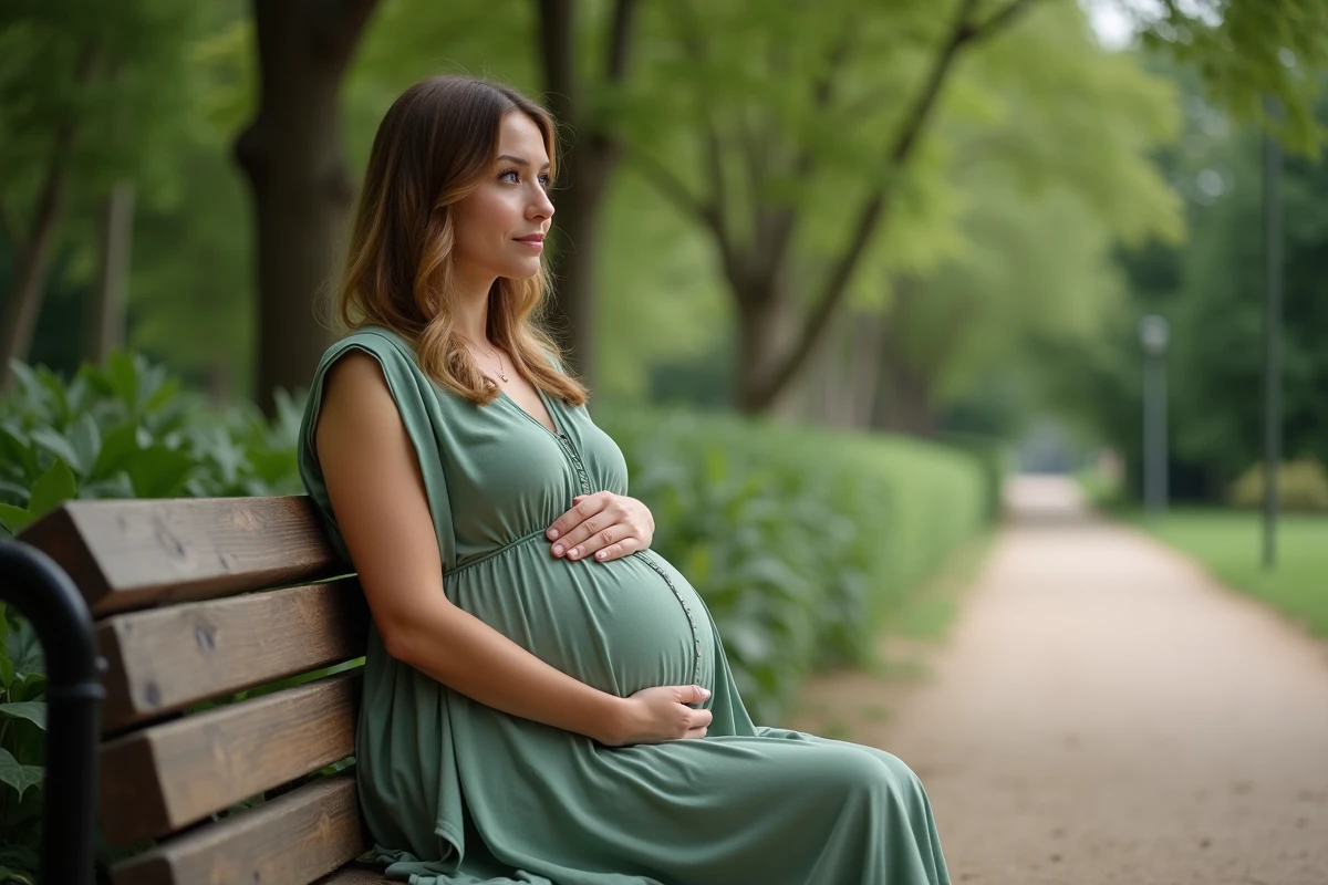 Femme enceinte assise sur un banc dans un parc parisien portant une robe fluide verte