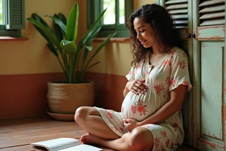 Femme enceinte martiniquaise assise dans une maison créole traditionnelle, tenant un carnet de prénoms martiniquais posé sur son ventre arrondi