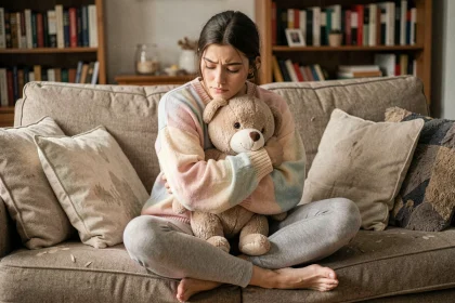 Femme adulte en position repliée sur elle-même serrant un doudou, illustrant la personnalité femme enfant et le besoin de réassurance émotionnelle