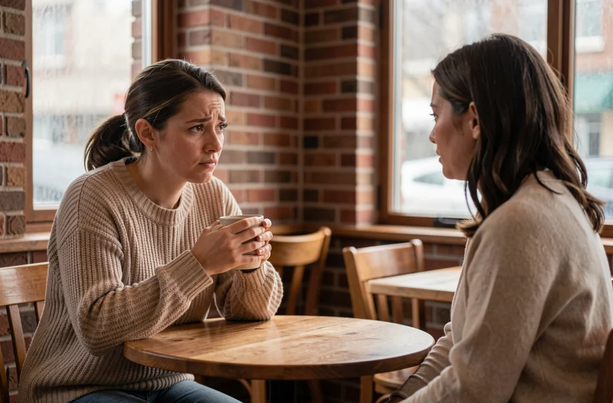 Deux femmes en conversation intime dans un café, l'une adoptant un comportement vulnérable de femme enfant en quête de validation émotionnelle
