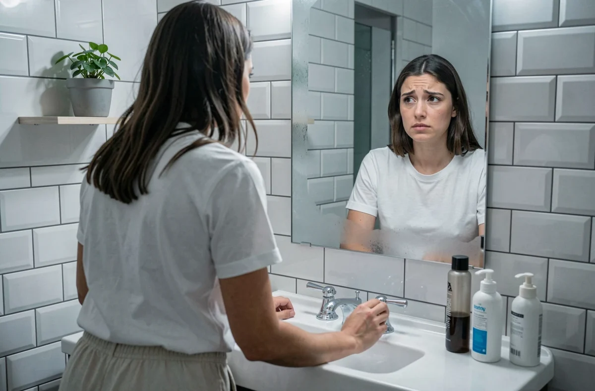 Femme adulte face à son reflet dans un miroir de salle de bain dans un moment d'introspection, illustrant la prise de conscience du comportement femme enfant et de la manipulation émotionnelle