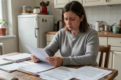 Femme inquiète face à des factures et documents CAF sur une table de cuisine, illustrant une baisse de revenus soudaine